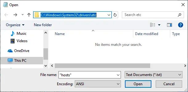 Windows Notepad "open" dialogue screenshot showing how to access the hosts file